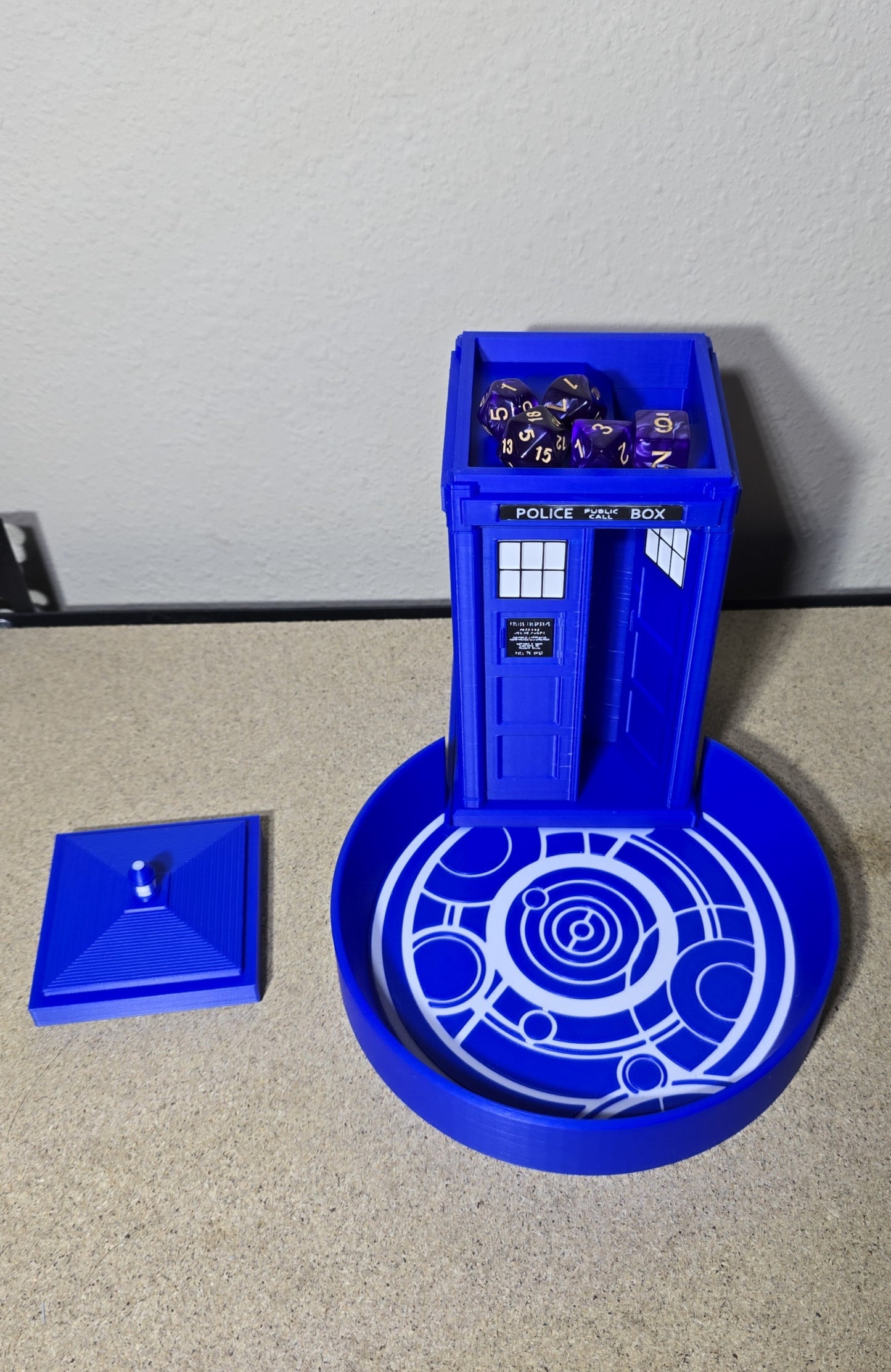 TARDIS Dice Tower with Gallifreyan Dice Catcher — 3D Printed Tabletop Accessory