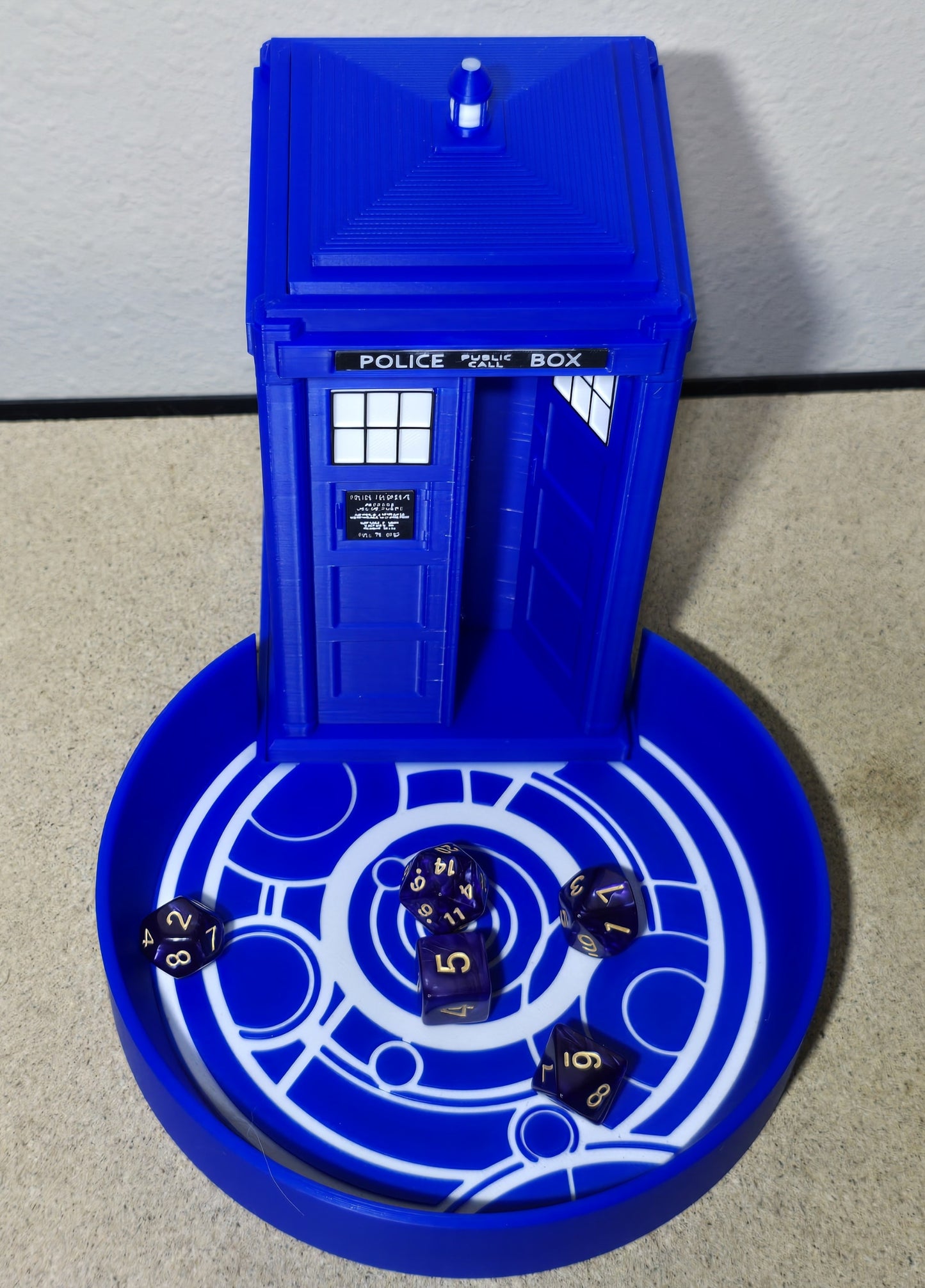 TARDIS Dice Tower with Gallifreyan Dice Catcher — 3D Printed Tabletop Accessory